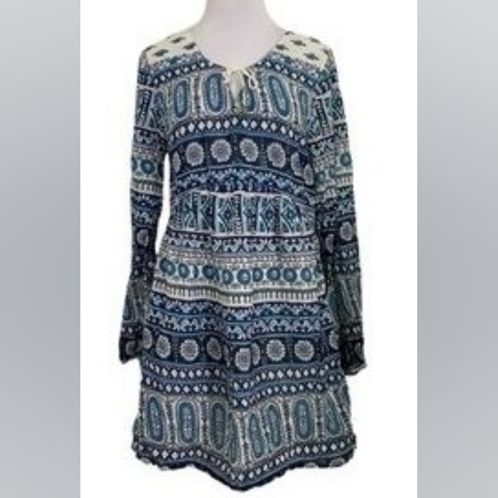 Billabong Pretty Boho Long Sleeve Mini Dress In Blue & White*Sale